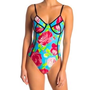 Betsey Johnson Blue & Red Floral One Piece Swimsuit with Adjustable Straps